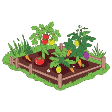 A yellow vegetable garden is located within a green farm field, filled with a variety of colorful vegetables. Bright red tomatoes grow on robust green vines, while orange carrots peek out from the rich brown soil. There are clusters of green bell peppers hanging from their plants, and purple eggplants are nestled among the leaves. The garden is bordered by tall green grass, and a wooden fence encircles the thriving vegetable patch. The sun casts a warm glow over the vibrant scene, enhancing the colors of the vegetables.