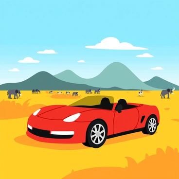 A red sports car with sleek lines and shiny chrome accents is parked on a wide safari plain. The car is positioned to the right of the image, showcasing its aerodynamic design. In the foreground, tall golden grasses sway gently in the breeze. A herd of elephants can be seen grazing in the distance, while a few zebras and antelopes roam nearby. Majestic mountains rise in the background, casting soft shadows across the landscape. The sky is a bright blue with a few fluffy white clouds scattered throughout.
