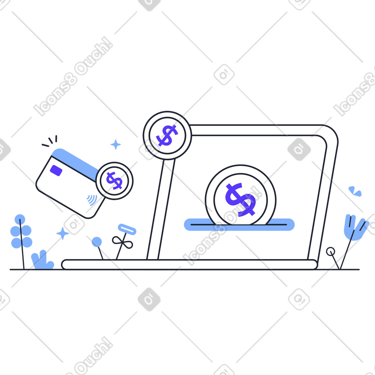 下载 Pablita 风格的 Coins falling out of the bank card into a laptop 插画，支持 PNG、SVG 格式