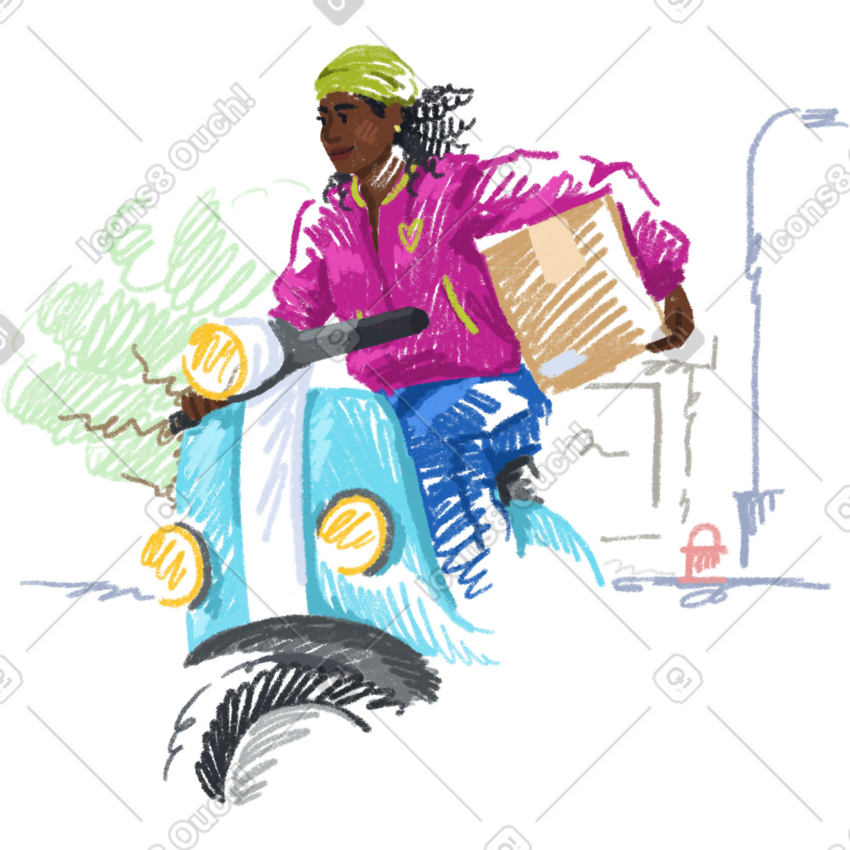 Ilustración Mensajera entregando un paquete en una scooter estilo Sketchbook a descargar PNG y SVG