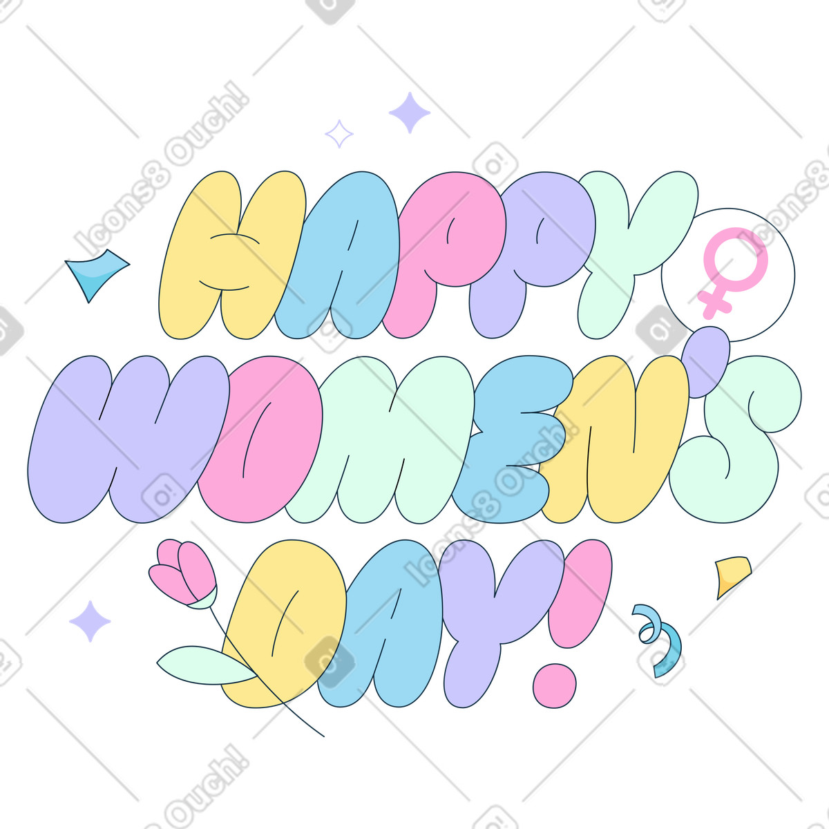 Ilustración Letras de texto feliz día la mujer con símbolo femenino, flores y confeti en estilo Bubble gum a descargar en PNG SVG