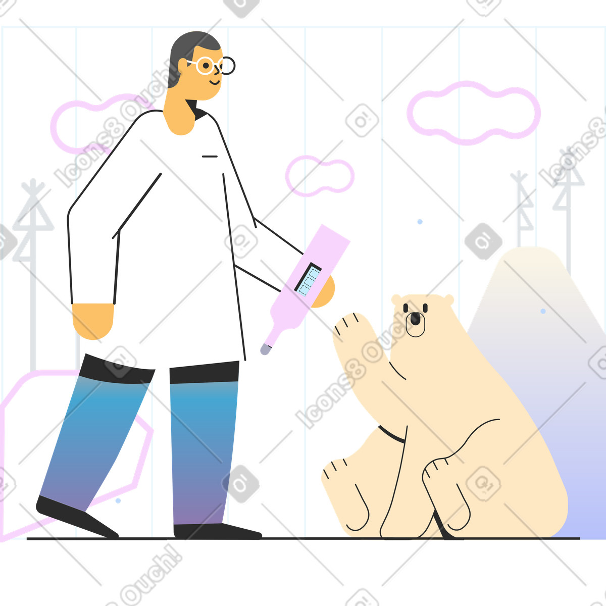 Ilustración Veterinario y atención animal para osos polares en estilo Marginalia a descargar en PNG SVG