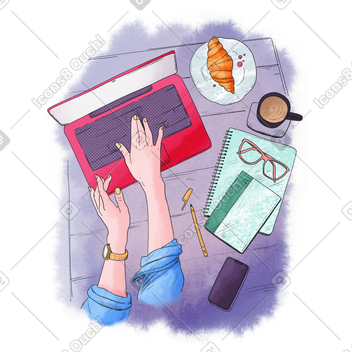 下载 Moments 风格的 在咖啡馆使用笔记本电脑进行远程工作 插画，支持 PNG、SVG 格式