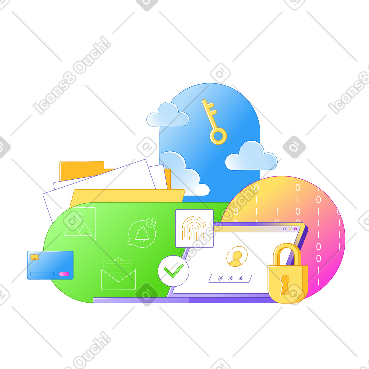 Financial account security, Password management and access control illustration in Rainbow style download in PNG, SVG