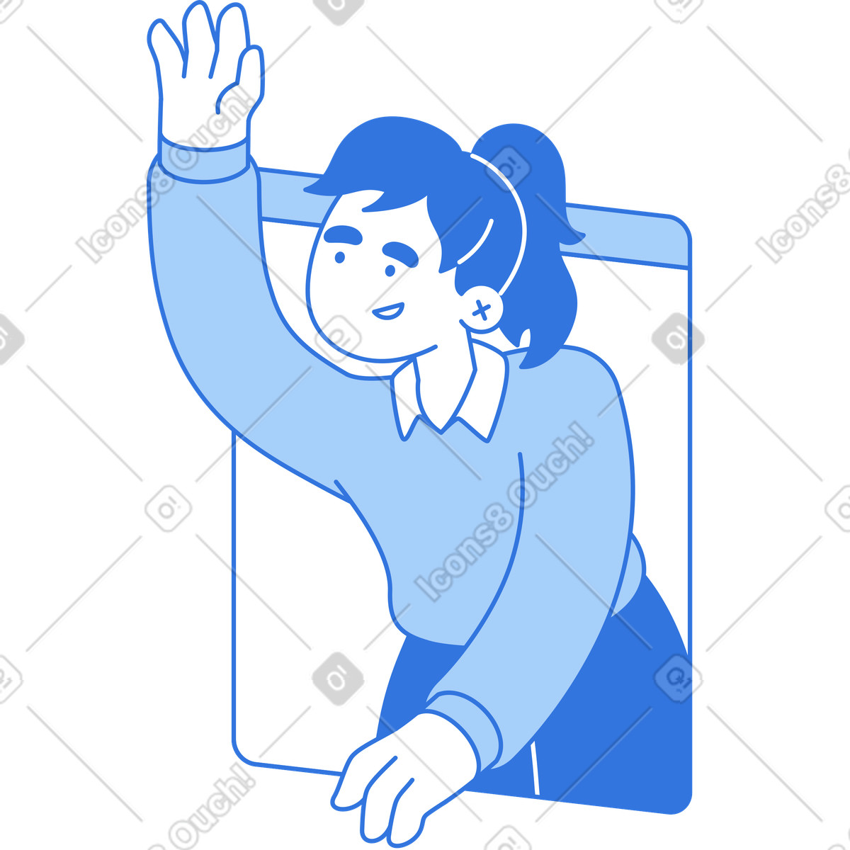 Woman in window raising her hand illustration Sky style download PNG, SVG