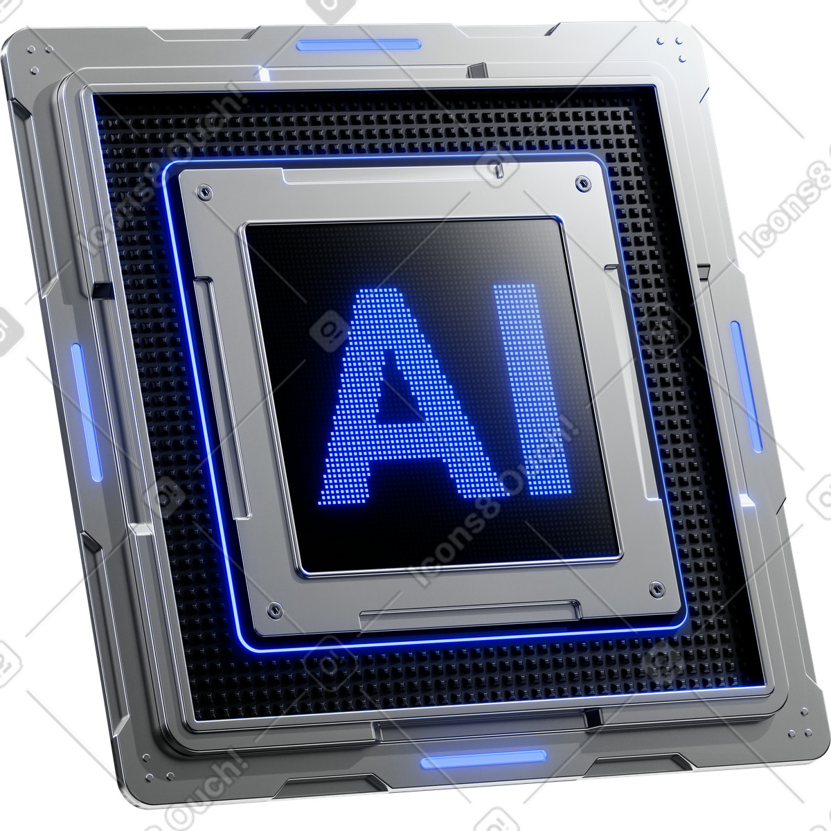 Chip ai processor with glowing blue circuit frame and display-Illustration im 3D Pro-Stil als Download in PNG, SVG