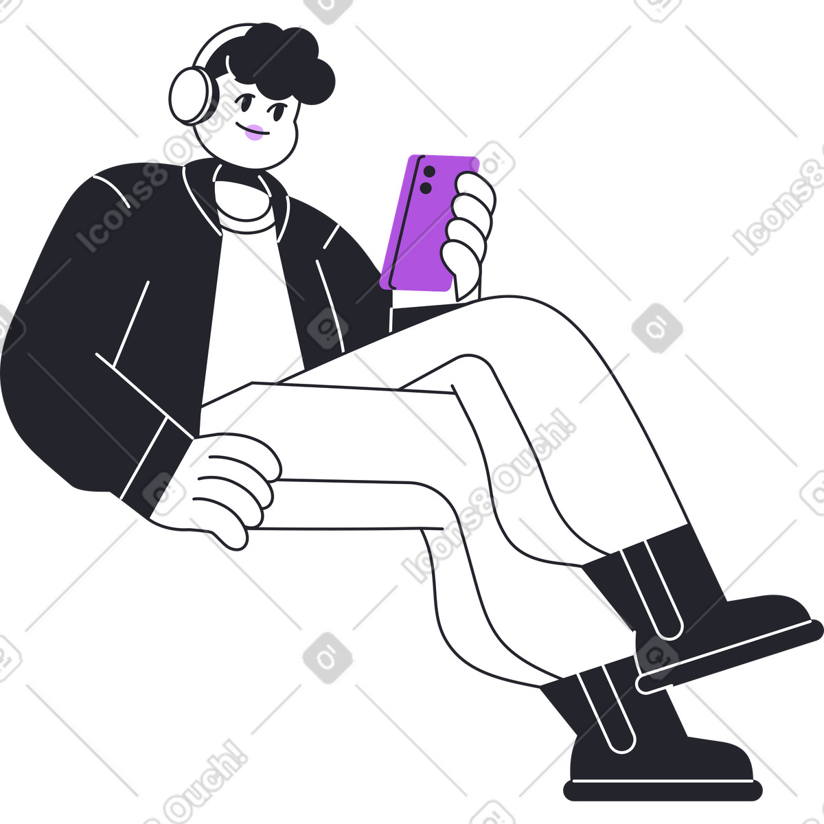 下载 Grapy 风格的 戴耳机的男人坐着用手机 插画，支持 PNG、SVG 格式