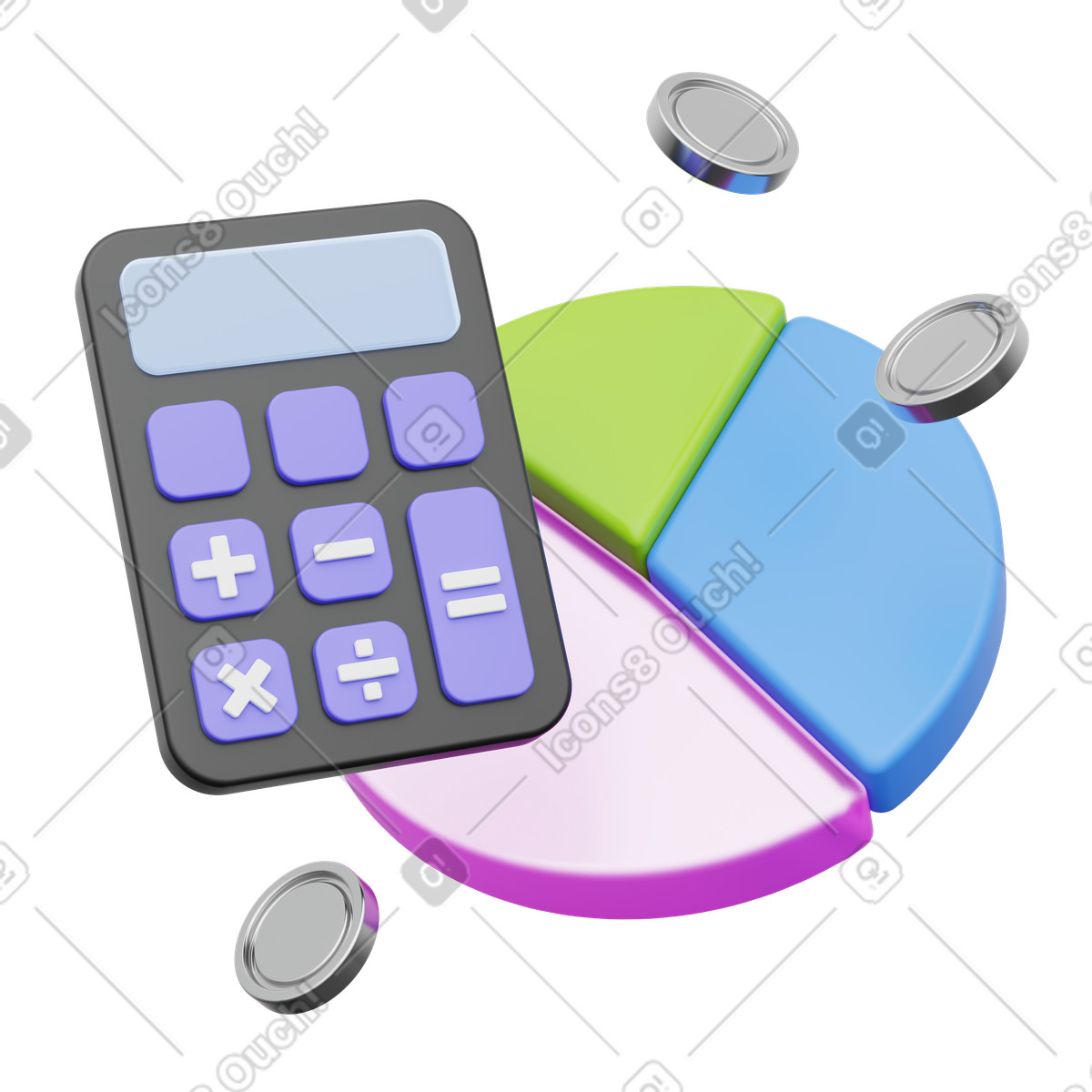 Calculator with pie chart and coins, financial analysis and business report illustration in 3D Playful style download in PNG, SVG