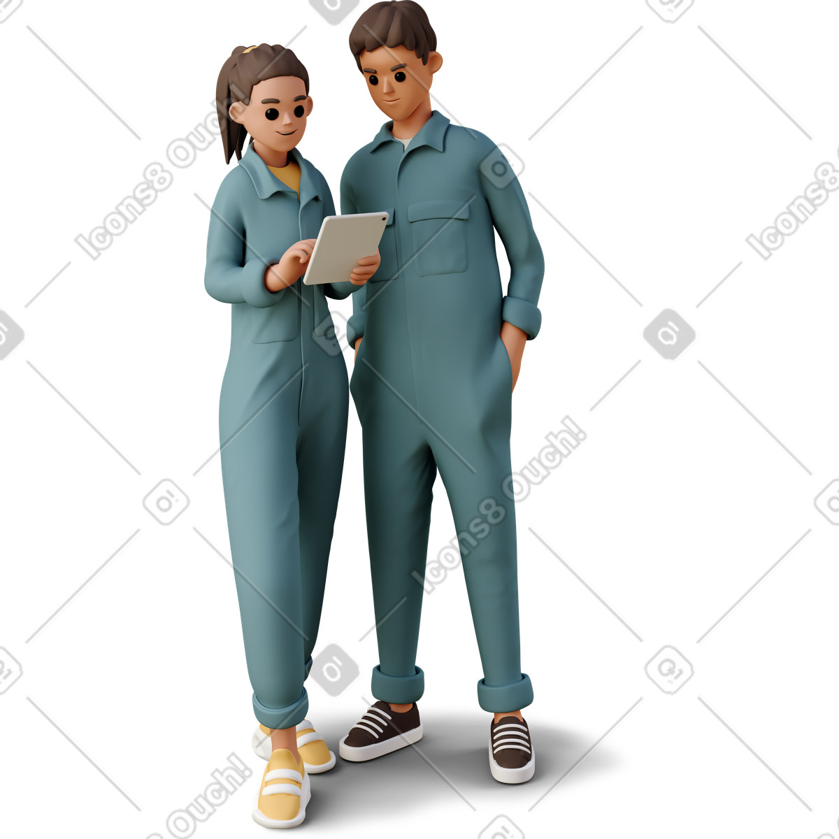 Ilustración Girl and boy in the worker jumpsuits looking at tablet en estilo 3D Casual life a descargar en PNG y SVG