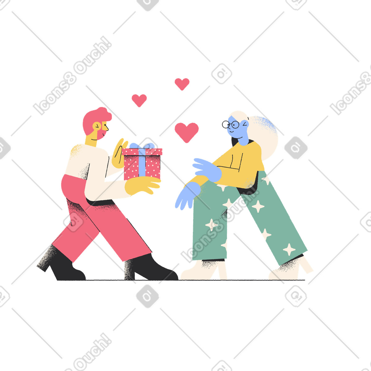 Illustration Guy donne un cadeau à une fille dans le style Pablo télécharger aux formats PNG, SVG