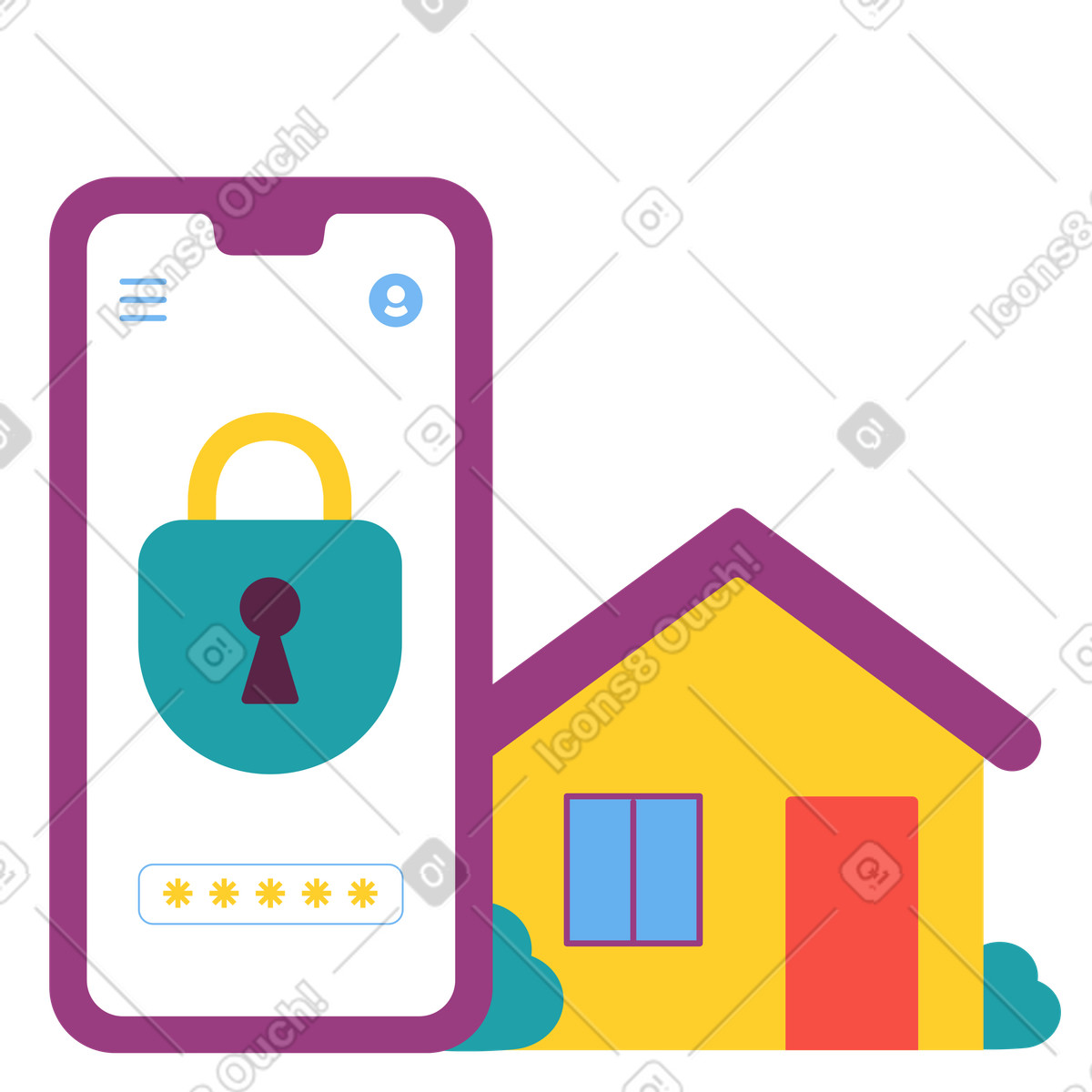 Smartphone app of smart home security, Remote house protection and control illustration in Sammy style download in PNG, SVG