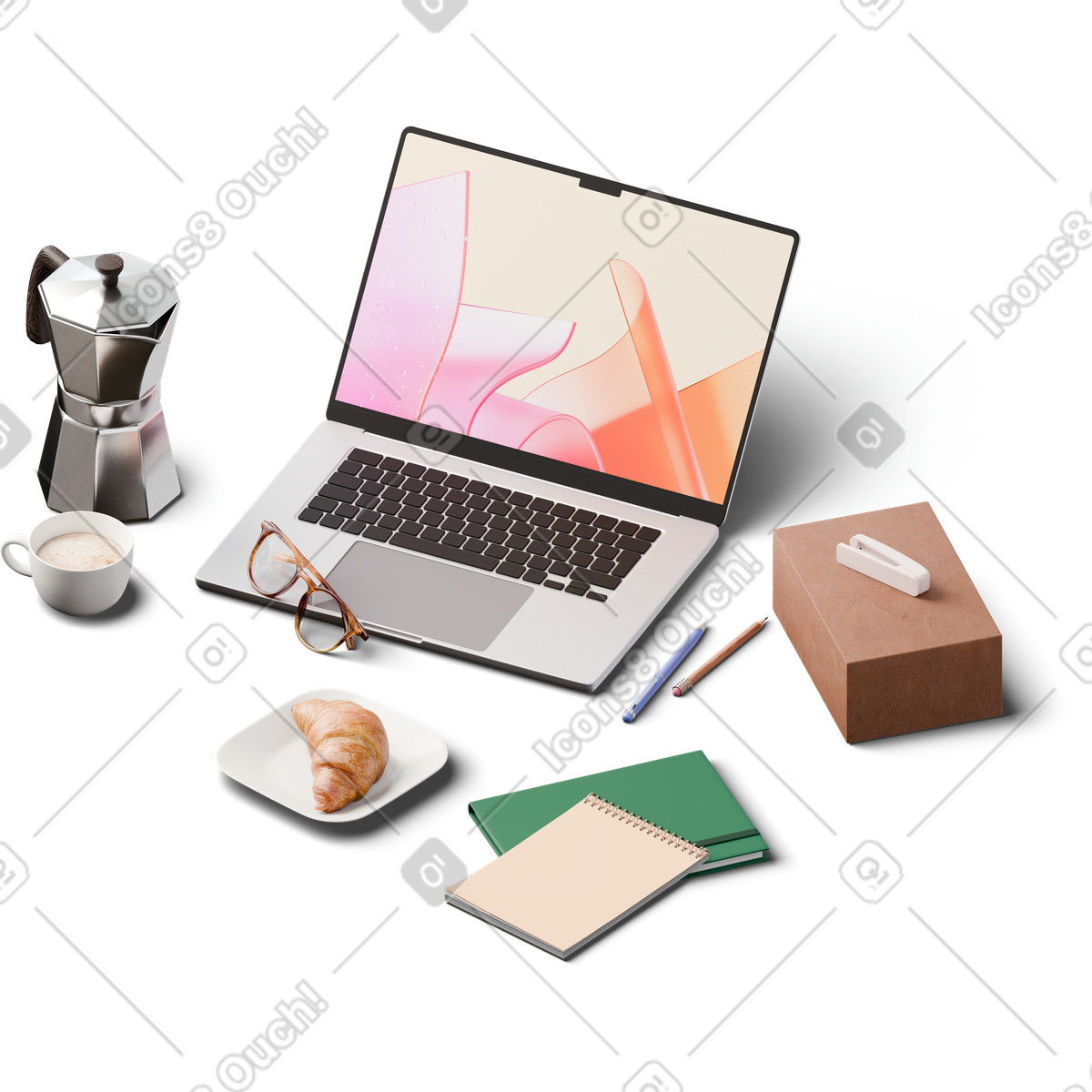 Isometric view of laptop, moka pot, cup coffee and croissant illustration in 3D Hygge style download in PNG, SVG