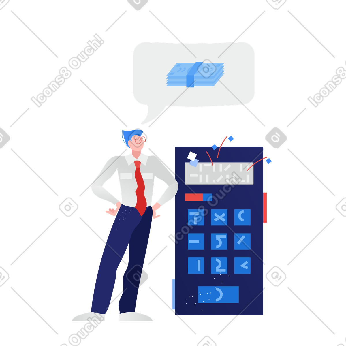 Illustration Office worker analyzing finances with calculator, Expense calculation and accounting dans le style Clip à télécharger aux formats PNG, SVG