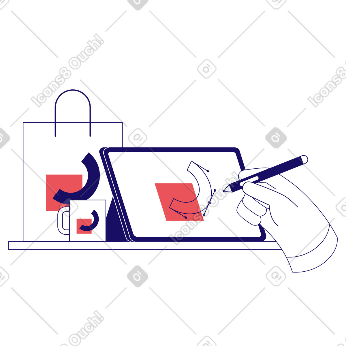 Designing logo on tablet, Brand identity creation process animated illustration in Bendy style download in GIF, Lottie (JSON), AE