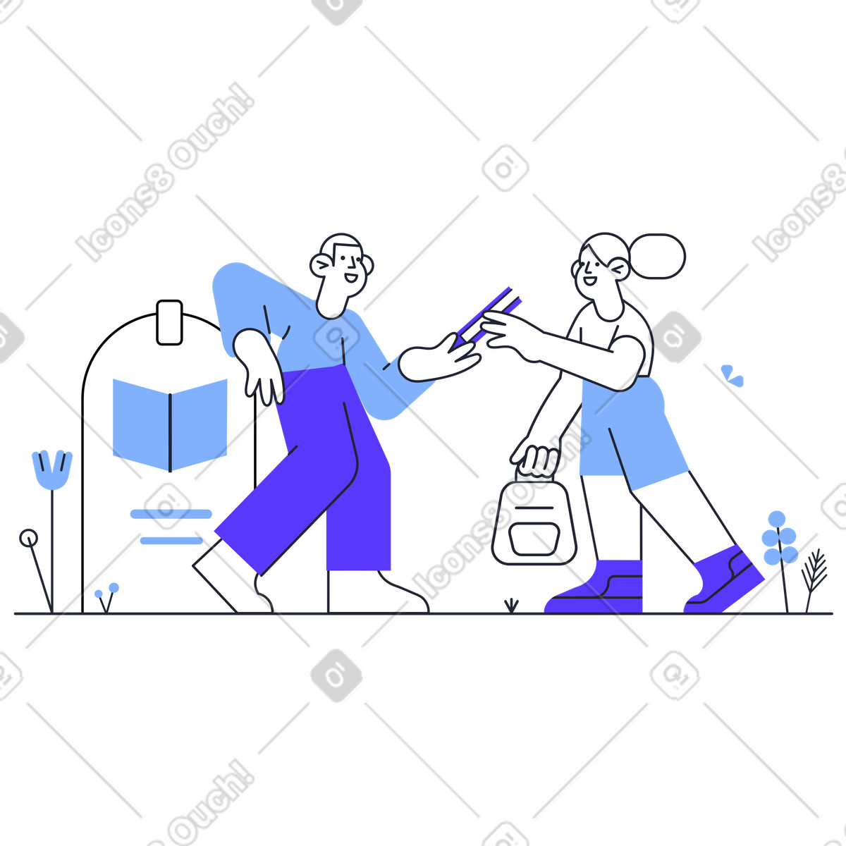 Иллюстрация Man stands at the book terminal and shares a book with a woman в PNG и SVG