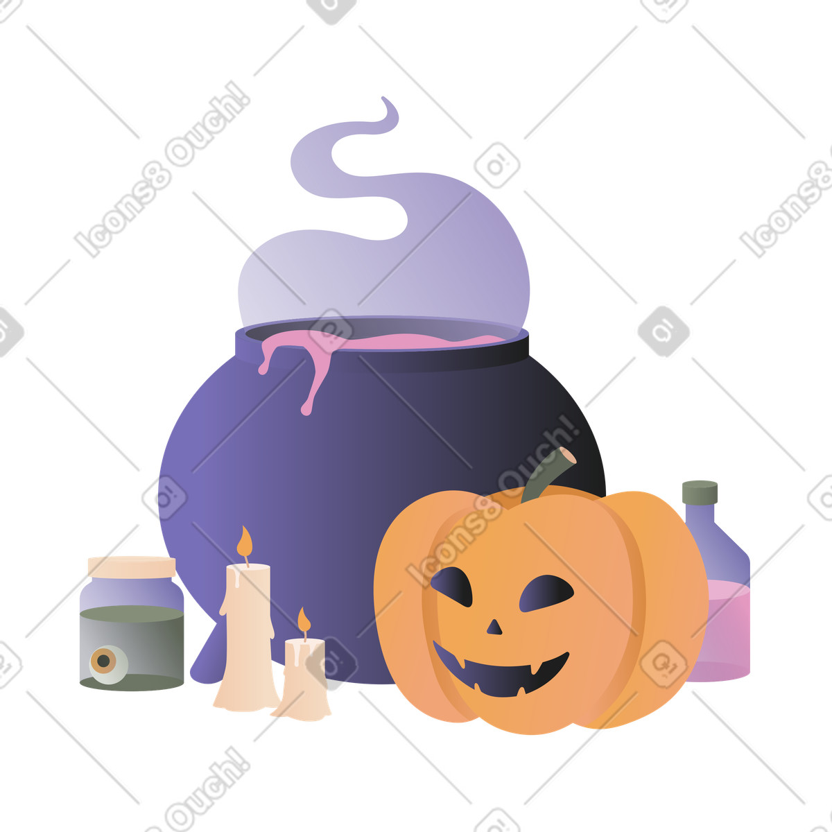 Illustration Citrouille d'halloween, chaudron avec potion et bougies dans le style Coworking à télécharger aux formats PNG, SVG