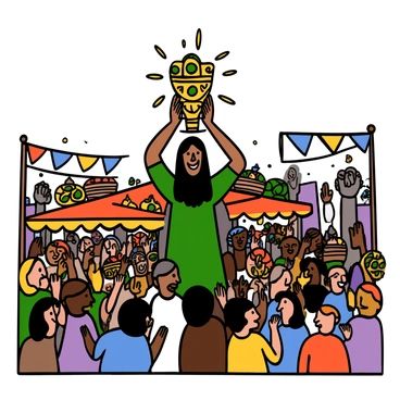 A hero with tan skin and long black hair stands triumphantly in a bustling marketplace, holding a glowing mythical artifact above their head. The artifact is ornate, shimmering with golden and emerald hues. Surrounding the hero are various market stalls, crowded with colorful fabrics, baskets of fruits, and groups of excited townspeople, all gazing at the hero in awe. The atmosphere is lively, with merchants calling out and decorations hanging from awnings, highlighting the vibrant community spirit.