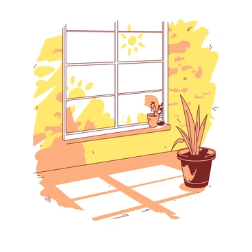 A room features a large window through which "sunlight" is streaming. The light creates warm hues that softly illuminate the "yellow wallpaper," enhancing its texture and pattern. The sunlight casts distinct shadows on the floor, where "sunbeams" ripple across the surface. A small potted plant sits on the windowsill, its leaves glistening in the warm light. The atmosphere is inviting, filled with the glow of the golden sunlight.