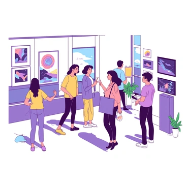 A group of individuals is standing in a campus gallery, admiring various student artworks displayed on the walls and pedestals. Each artwork reflects a different style and medium, showcasing vibrant colors and intricate details. Some visitors are engaged in conversation, pointing to specific pieces, while others are taking notes or sketching. The gallery has large windows allowing soft natural light to illuminate the space, enhancing the colors of the artworks. There are also a few plants in the corners, adding a touch of greenery to the environment.