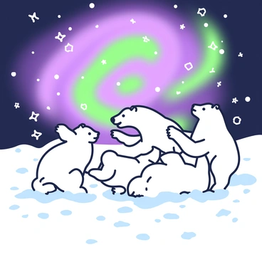 Polar bears playfully frolicking in the snow under the northern lights