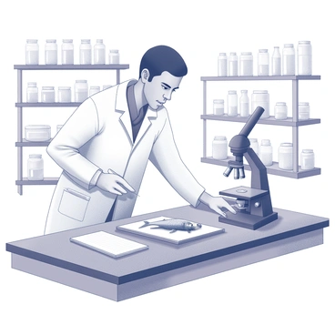 A scientist in a white lab coat is positioned at a laboratory workstation. The scientist is leaning over a dissection table, closely examining a dead fish placed on a dissecting tray. The fish is detailed, showcasing its scales and fins. In one hand, the scientist is holding a notebook, writing observations with a pen. A microscope is set up nearby on the table, with its lens focused on a slide. The laboratory is equipped with shelves filled with various scientific equipment and jars, contributing to a clinical environment.