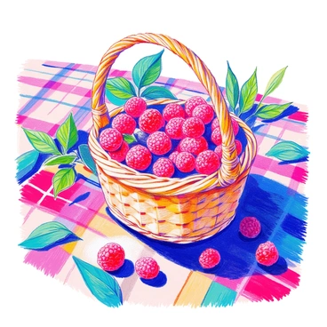A woven basket filled with "freshly picked raspberries" is resting on a "plaid picnic blanket." The basket has a sturdy handle and its natural fibers are visible. The raspberries are vibrant red and glistening with moisture, showcasing their freshness. Surrounding the basket, there are several green leaves that add a touch of nature. The picnic blanket features a mix of colors, including red, green, and white, enhancing the outdoor picnic atmosphere.