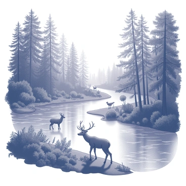 A clear river winding through a dense forest filled with tall trees and lush underbrush. The water reflects the surrounding foliage, creating a serene scene. Nearby, diverse wildlife can be seen; a deer stands at the water's edge, while birds perch on branches. The riverbanks are dotted with ferns and wildflowers, adding detail to the natural environment. Sunlight filters through the leaves, casting intricate shadows on the ground.