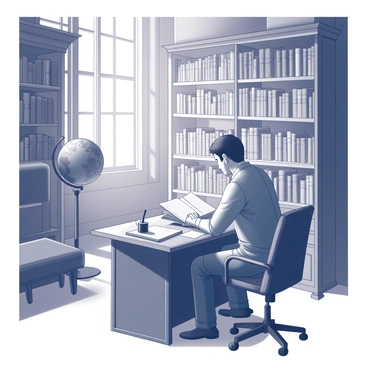 A scholar seated at a sturdy wooden desk, deeply engrossed in reading a large book. The desk is cluttered with various papers and an ink pot, accompanied by a quill. Surrounding the scholar are towering bookshelves filled with countless volumes, their spines neatly arranged. The library features high ceilings, lending an air of grandeur to the atmosphere. There are a few scattered chairs and a large globe positioned nearby, indicating an environment rich in knowledge. A warm light filters through tall windows, creating a captivating ambiance.