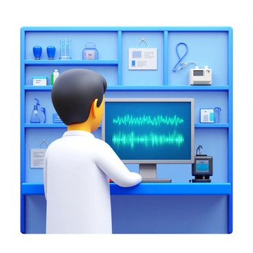 A scientist in a white lab coat is standing in a laboratory setting. The scientist has short black hair and is focused on a computer screen in front of them. Visualized brainwaves are displayed in vibrant colors on the screen, showing fluctuating patterns. There are wires connecting the scientist's head to a device on the table, indicating the mind-machine interface. The background features shelves filled with scientific equipment, charts, and diagrams related to neuroscience.