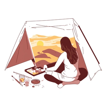 An artist with long brown hair is sitting cross-legged under a makeshift canopy made of light fabric. The artist is focused on a canvas that displays a beautiful representation of the Sahara landscape, featuring vast golden dunes under a bright sky. The canopy provides some shade from the sun, casting soft shadows on the artist and the ground. Surrounding the artist are various painting supplies, including brushes and paint tubes scattered on the sand. In the background, the undulating sand dunes stretch towards the horizon, creating a sense of vastness and tranquility.