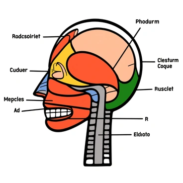 A detailed illustration of a human head showcasing the facial anatomy. The image depicts the various muscles of the face, clearly labeled and represented in vibrant colors. The bone structure is visible beneath the surface, highlighting the skull's shape and contours. Each muscle group is distinct, with lines showing the connections between them. The overall composition presents a comprehensive view of the facial features, enabling a clear understanding of both the muscular and skeletal systems.