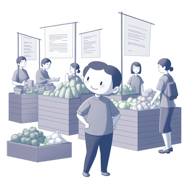 A flat-faced character stands among various stalls in a market environment. The character has exaggerated features, with a broad expression that shows curiosity. Surrounding the character are vibrant displays of fresh fruits and vegetables, arranged neatly on wooden tables. There are various shapes of produce, including round citrus fruits, elongated cucumbers, and leafy greens. Shoppers and vendors can be seen in the background, engaging in lively conversation. Banners with text can be spotted overhead, adding context to the bustling atmosphere. The scene captures a sense of activity and abundance in the market.