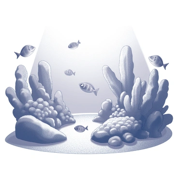 An underwater scene filled with coral reefs in various shapes and textures. The coral formations rise from the ocean floor, showcasing intricate designs. Numerous tropical fish of different sizes and patterns swim among the corals, some darting in and out of the nooks. Sunlight filters down from the surface, creating a shimmering effect on the sand below. The overall composition captures the dynamic movement of the marine life and the rich biodiversity of the underwater ecosystem.