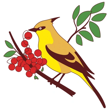 A yellow cedar waxwing with a sleek body is perched on a branch of a tree, enjoying a feast of bright red berries. The berries are clustered together, glistening with moisture from the morning dew. The tree's green leaves frame the scene, providing a vibrant backdrop to the waxwing's colorful plumage. The bird is tilting its head slightly as it picks the juiciest berry with its beak, showcasing its sharp features and distinctive crest.