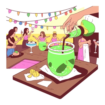 A vibrant green margarita is being poured into a glass with a white salted rim. The glass is placed on a wooden table adorned with colorful paper decorations and string lights overhead. In the background, there are people enjoying the party, with some holding drinks and others dancing. The warm sunlight bathes the scene, enhancing the festive atmosphere of the outdoor setting.