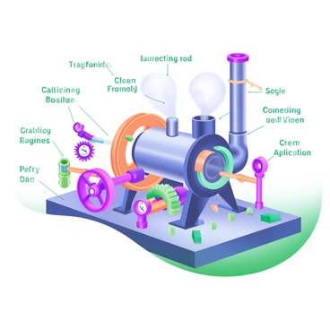 An exploded view of a vintage steam engine, displaying each individual component in detail. The engine's boiler is positioned at the center, with pipes extending outward. Surrounding the boiler are the firebox, connecting rods, wheels, and valves, each clearly labeled with their names. Various gears and levers are placed around, showcasing the intricate mechanics. Steam pipes and gauges are illustrated with precision, all rendered in a muted color palette to emphasize the vintage nature of the steam engine.