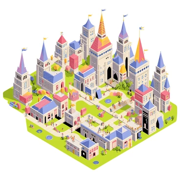 An aerial view of a sprawling fantasy city with intricate architecture and bustling streets