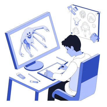 An artist working on a 3D model of a fantastical creature on a computer