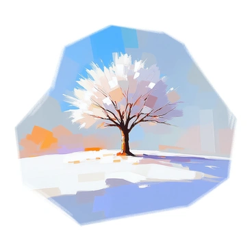 A snow-covered field stretches across the scene, blanketed in a thick layer of pristine white snow. In the center of the field, there is a lone tree with bare branches, its silhouette stark against the bright expanse of snow. The tree's trunk is dark and rough, contrasting with the softness of the surrounding snow. The sky above is a clear blue, creating a vivid backdrop for this tranquil winter landscape. Gentle shadows from the tree are cast onto the snow, adding depth to the scene.