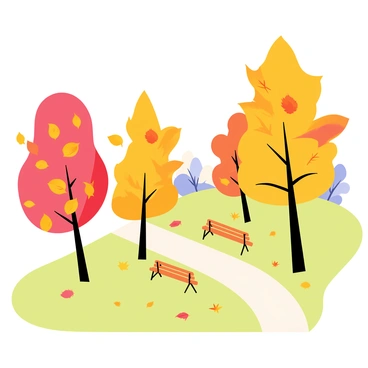 A park with several tall trees displaying vibrant orange, red, and yellow leaves. Leaves are depicted in various stages of falling, some gracefully descending and others resting on the ground. The grass below is a soft green, dotted with a layer of fallen leaves. A winding path cuts through the park, lined with wooden benches. In the background, a clear blue sky adds contrast to the warm colors of autumn foliage.