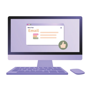 A digital flat illustration depicting a computer screen with a visible email notification. The notification window displays the text "New Email" prominently at the top. Below the text, there is a thumbs-up icon in vibrant colors, indicating approval. The computer screen is rectangular and has a sleek design, with a simple background that emphasizes the notification. The keyboard and mouse are also visible in the foreground, adding to the scene's context. The overall color scheme is bright and inviting, enhancing the focus on the notification.