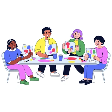 A group of four individuals sitting around a large table covered with paints, brushes, and canvases. Each person has a unique approach to their artwork, with vibrant colors being applied to their canvases. One individual is using bold strokes of red and blue, another is mixing greens and yellows, while a third is focused on delicate pinks and purples. The fourth person is smiling, engaged in conversation, with their canvas displaying abstract shapes. The expressions on their faces show concentration and joy as they share this creative experience.