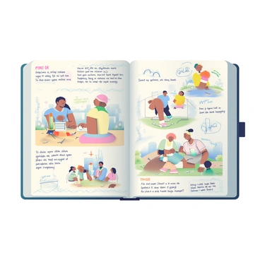 A rough sketchbook page is displayed, filled with various initial concepts for a nationwide campaign illustration. The page features multiple pencil sketches, including diverse characters and scenes, such as a group of people of different ethnicities collaborating around a table. There are loose drawings of a city skyline in the background, representing urban areas, as well as nature elements like trees and hills, symbolizing rural settings. Notes and annotations in the margins describe the themes and ideas behind each concept, adding context to the sketches. The paper has a slightly worn texture, indicating it has been used frequently for brainstorming.