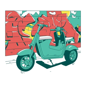 A teal mini bike is parked against a wall that is covered in vibrant street art. The bike has a sleek design with a shiny frame and thick tires. The wall features an array of colorful graffiti, with bold patterns and images that capture attention. Bright reds and yellows dominate the street art, contrasting against the teal bike. The scene is set on a sunny day, illuminating the wall and highlighting the details of both the bike and the artwork.