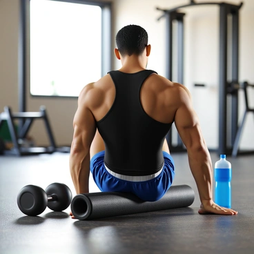 A muscular bodybuilder with a defined physique, wearing a fitted black tank top and blue shorts, is sitting on the gym floor. He has short, dark hair and is focused on using a foam roller. The foam roller is cylindrical and textured, positioned under his back as he rolls it gently to relieve muscle tension. Nearby, there are weights and a water bottle, indicating an intense workout session. The atmosphere reflects a dedicated gym environment with visible exercise equipment in the background.