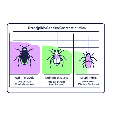 A scientific chart is displayed on a white background, depicting various Drosophila species. Each species is represented in individual sections of the chart, with detailed illustrations of their distinct physical characteristics. The first section includes a Drosophila melanogaster, displaying its eye color and wing shape. The second section shows a Drosophila simulans, highlighting its unique body markings. The third section presents a Drosophila virilis, featuring its size and color differences. Each section contains labels that provide the names and key characteristics of the species, arranged systematically for easy comparison. The chart is neatly organized, with visible grid lines and a title at the top stating "Drosophila Species Characteristics."