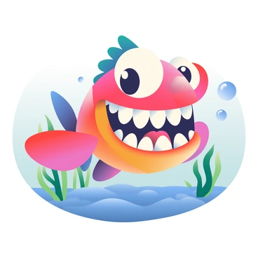 A cartoon-style piranha with bright, vibrant colors features exaggerated large, sharp teeth and wide, expressive eyes. The piranha is grinning playfully, showcasing its rows of teeth, with a shiny, glistening body that reflects light. Its fins are oversized, adding to the cartoonish effect, and there are bubbles emerging from its mouth as if it is swimming energetically. The background is a simple aquatic scene, suggesting movement through water with soft waves and hints of green aquatic plants.