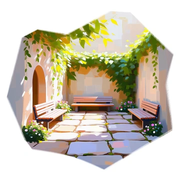 A tranquil courtyard featuring a pathway made of irregularly shaped paving stones. The stones create an intricate pattern across the ground. Lush green ivy climbs along the weathered stone walls that enclose the space, creating a natural tapestry of leaves. Small patches of colorful flowers peek through the stones, adding bursts of color to the serene environment. A few benches made of rustic wood are placed in the corners, inviting one to sit and enjoy the peaceful atmosphere. Soft sunlight filters through the leaves, casting gentle shadows on the ground.