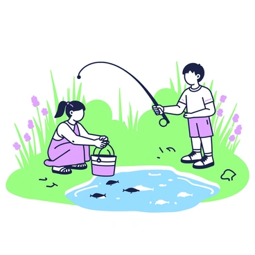 Two children are standing at the edge of a small rural pond. The first child, a boy with short hair, is holding a fishing rod with a bright green bobber. The second child, a girl with pigtails, is kneeling beside him, examining a bucket filled with caught fish. The water of the pond is calm and reflective, with small fish visible near the surface, creating ripples. In the background, tall grass and wildflowers frame the pond, while a few trees are scattered around, casting gentle shadows.