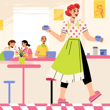 A pinup girl with vibrant red hair styled in soft curls is serving coffee at a quaint diner. She wears a polka dot apron over a classic, fitted dress with a flared skirt. Her bright smile radiates warmth and friendliness. The diner is decorated with retro elements, including checkered flooring and vintage posters on the walls. A small round table with a vase of flowers sits nearby, and a couple of cheerful customers can be seen enjoying their meals in the background.